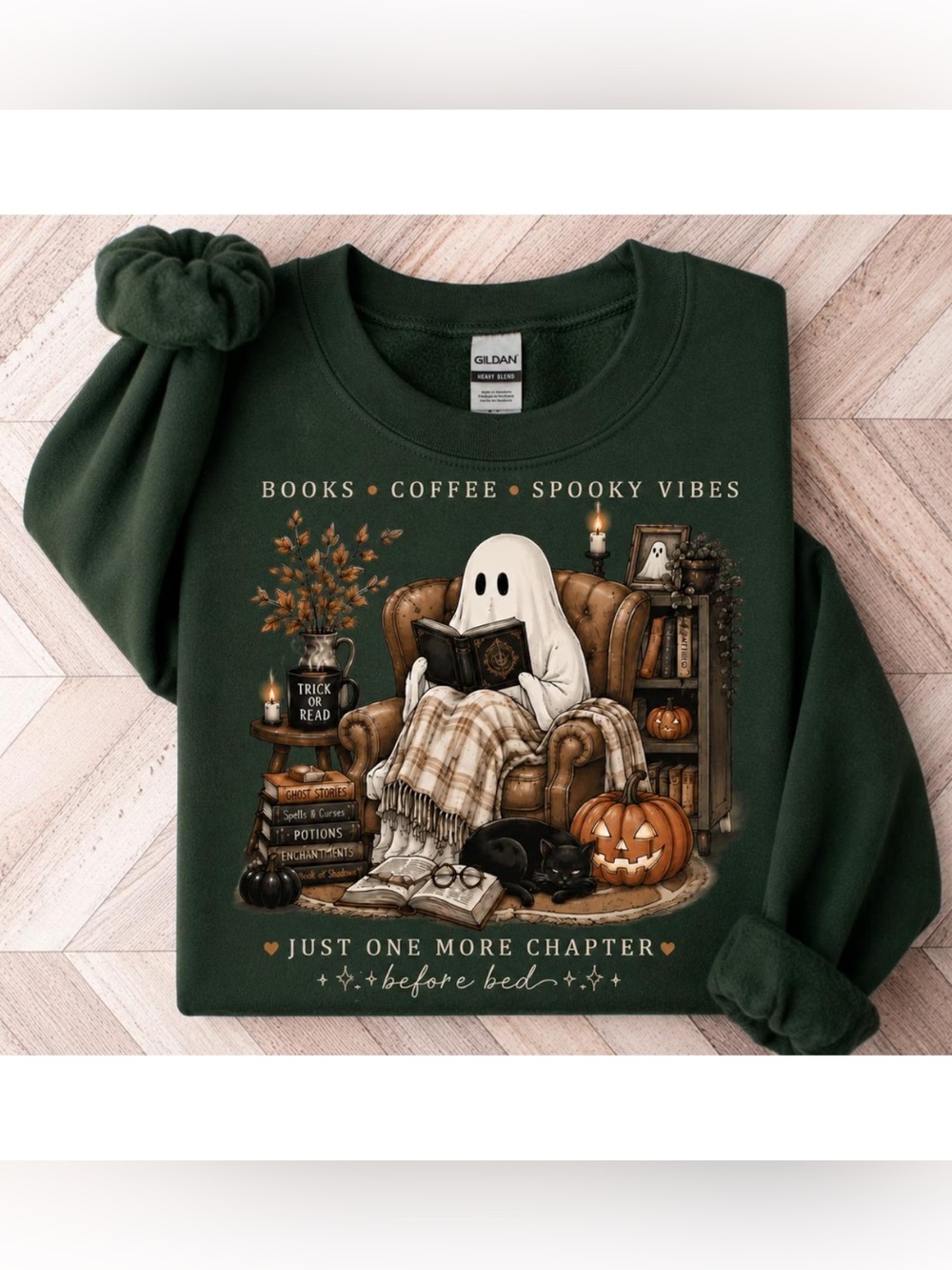 Forest Green Ghost Reading Graphic Sweatshirt - Picture 1 of 3